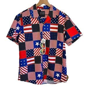 Broken Threads Surf Patriotic US Flag Print UV Protection Camp Pool Shirt‎ Sz L